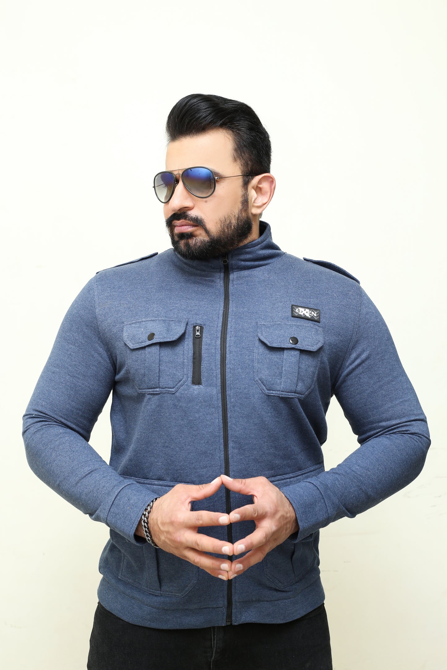 Premium Four Pocket Full Sleeve Blue Milange Jacket # 09