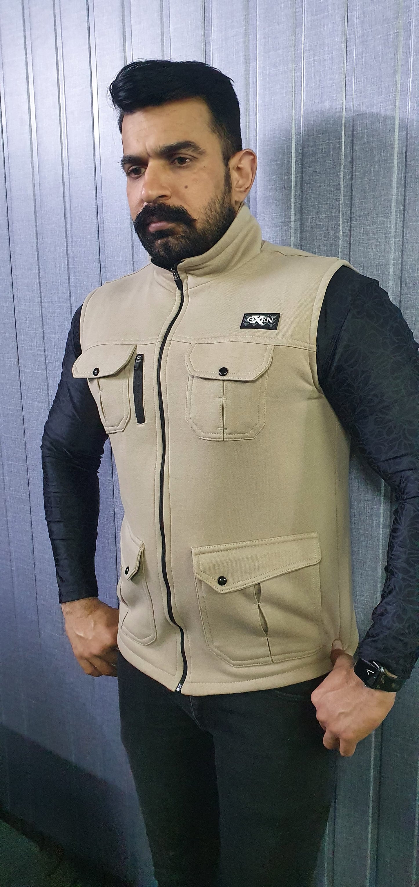 Premium Cotton Fleece Four Pocket sleeveless Jacket Beige 12