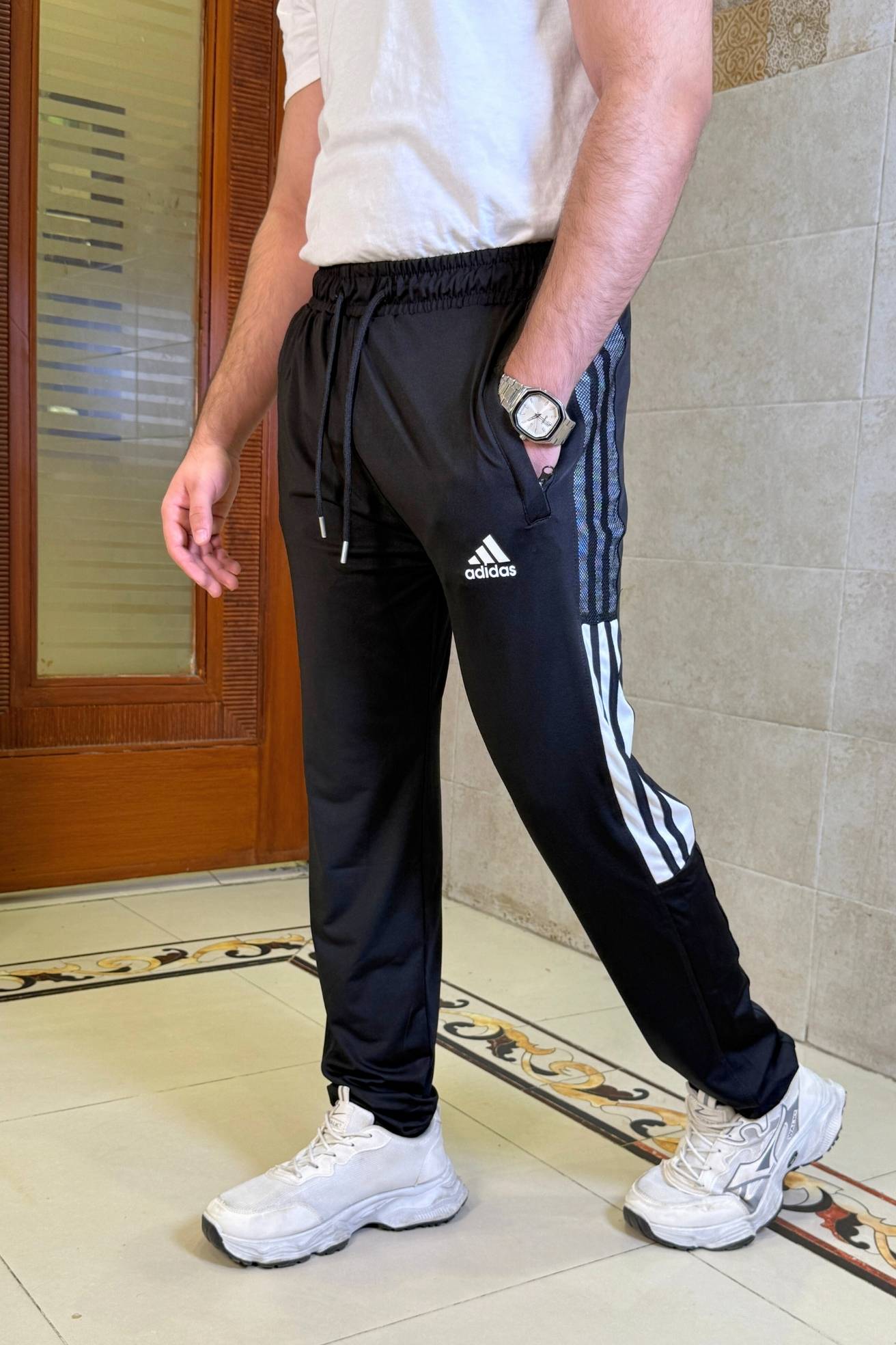 Mens Imported 4 way Lycra 2 Striped Net ADDS Black Trouser