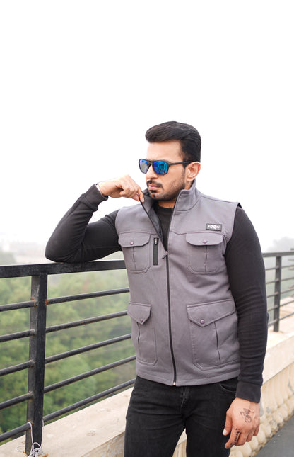 Premium Cotton Fleece Four Pocket sleeveless Jacket Grey  Jkt-02