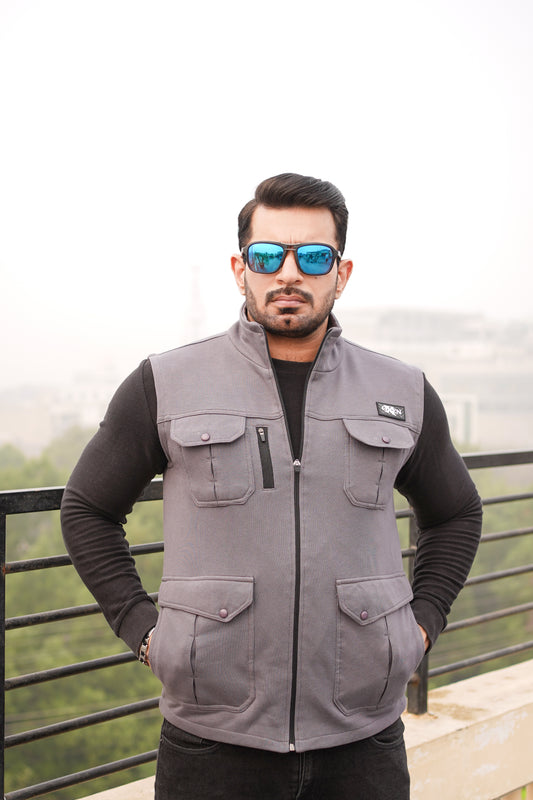 Premium Cotton Fleece Four Pocket sleeveless Jacket Grey  Jkt-02