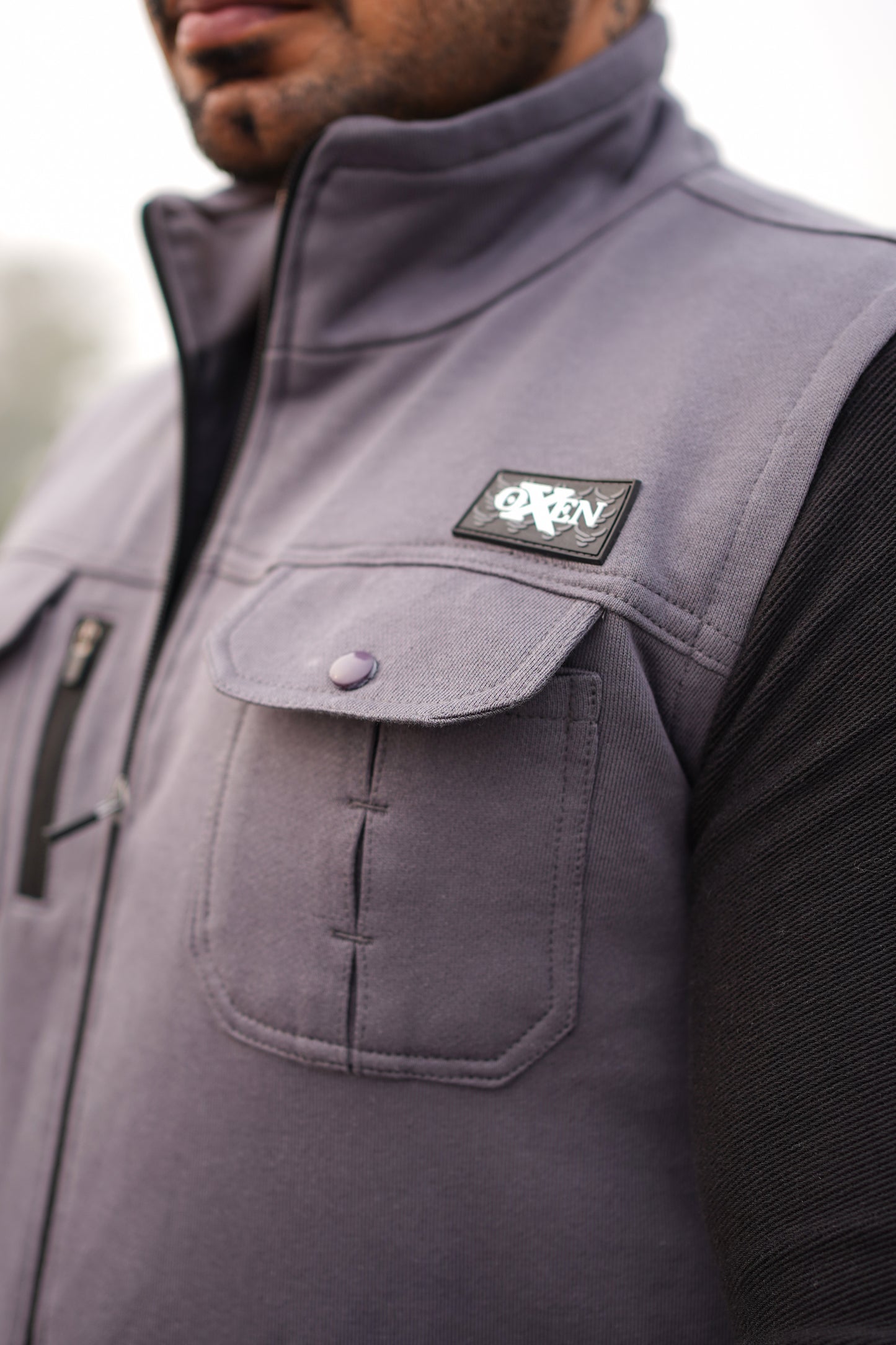 Premium Cotton Fleece Four Pocket sleeveless Jacket Grey  Jkt-02