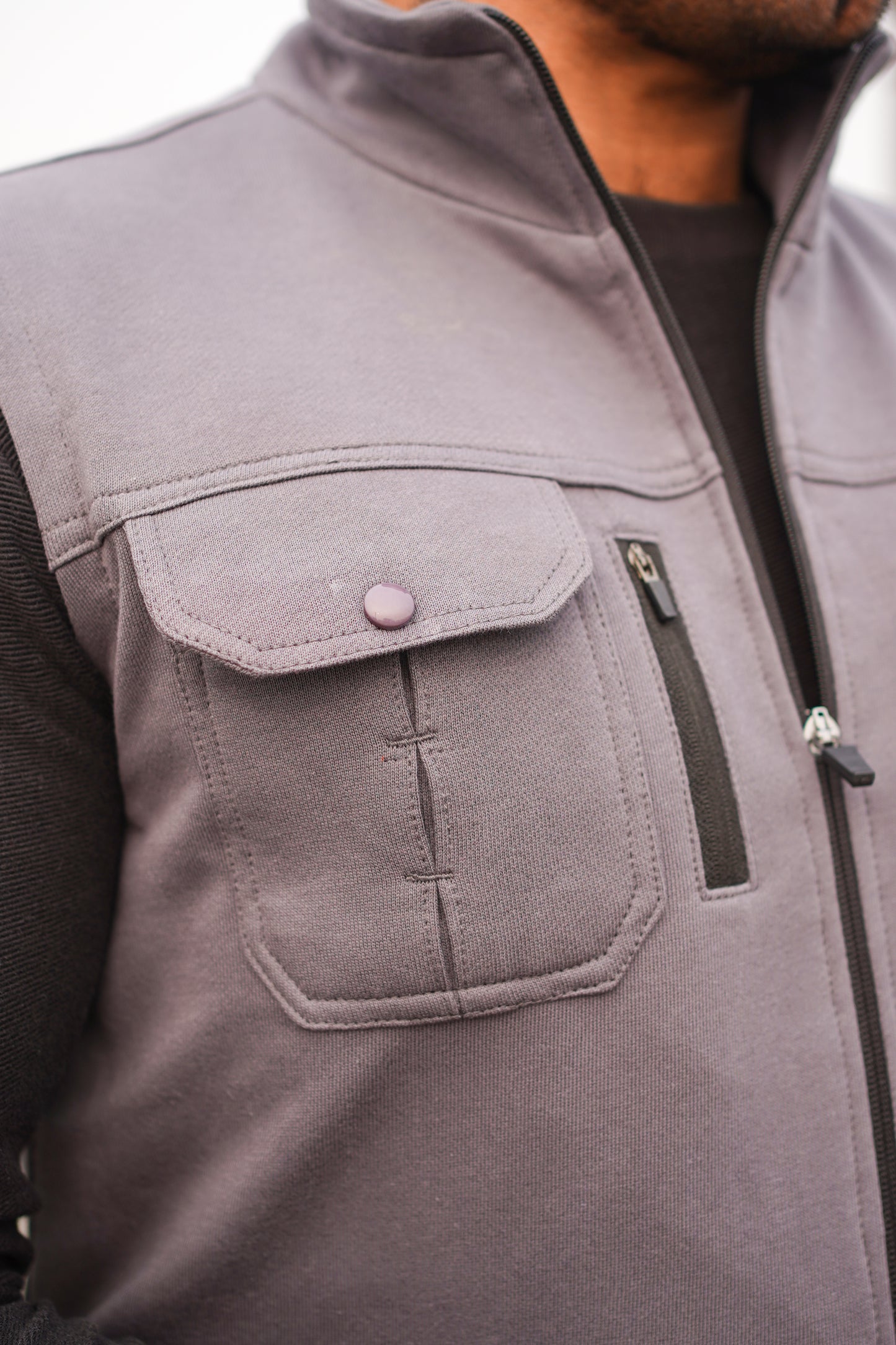 Premium Cotton Fleece Four Pocket sleeveless Jacket Grey  Jkt-02