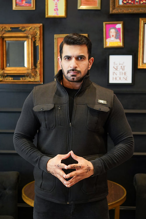 Premium Cotton Fleece Four Pocket sleeveless Jacket Black  Jkt-01