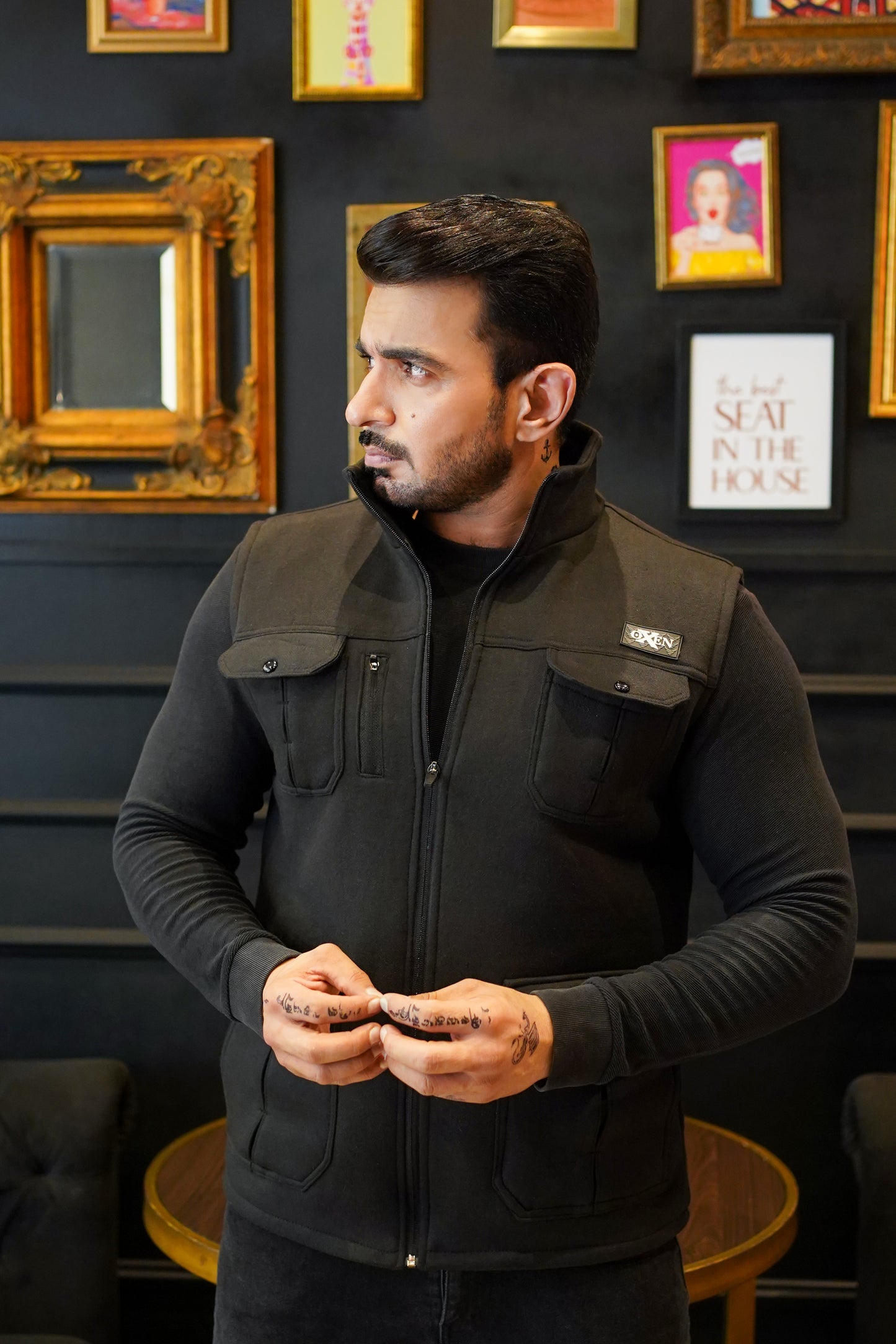 Premium Cotton Fleece Four Pocket sleeveless Jacket Black  Jkt-01