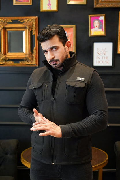 Premium Cotton Fleece Four Pocket sleeveless Jacket Black  Jkt-01