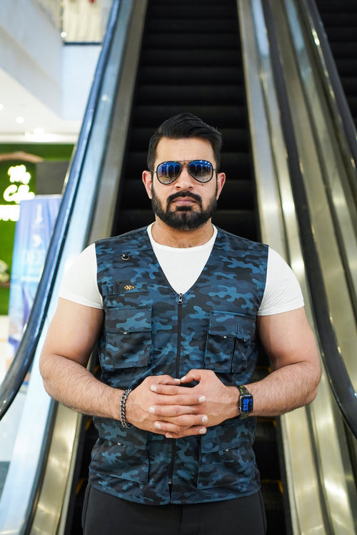 Premium Italian Textured fabrics Blue Camouflage  Sidu Four Pocket Jacket SDJkt-20