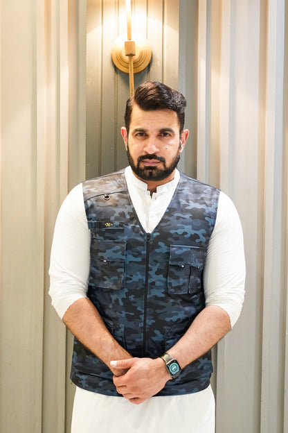 Premium Italian Textured fabrics Blue Camouflage  Sidu Four Pocket Jacket SDJkt-20