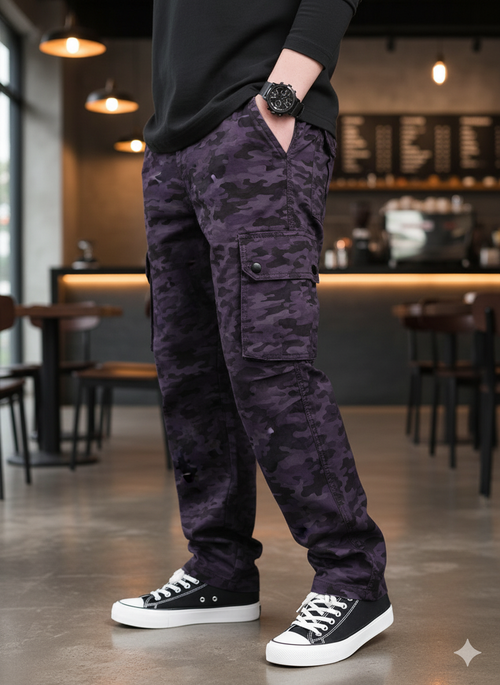 Men's Italian Purple Gray Camouflage Cargo 6 Pocket With Mate Stud Button