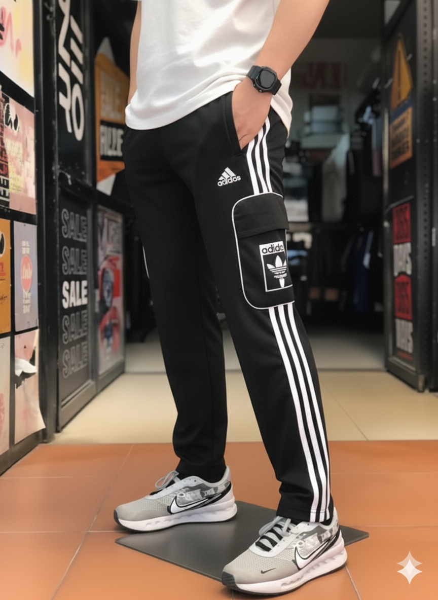 Premium Black Three Tapes Men's 4 way Stretch-able Lycra Oval Pocket Cargo Trousers