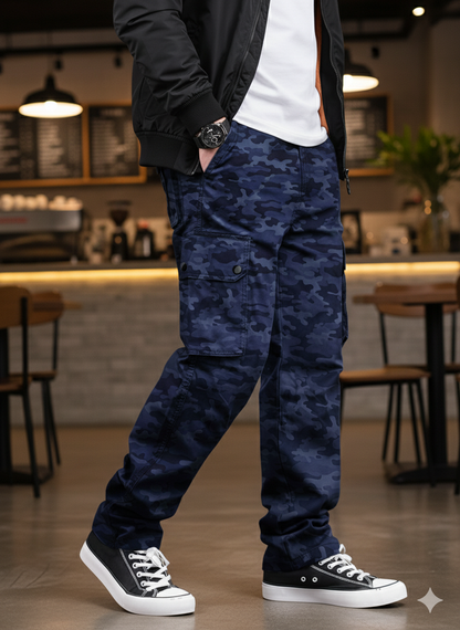 Men's Italian Blue Gray Camouflage Cargo 6 Pocket With Mate Stud Button