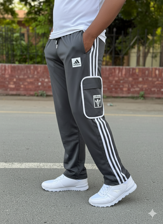 Premium Gray Three Tapes Men's 4 way Stretch-able Lycra Oval Pocket Cargo Trousers