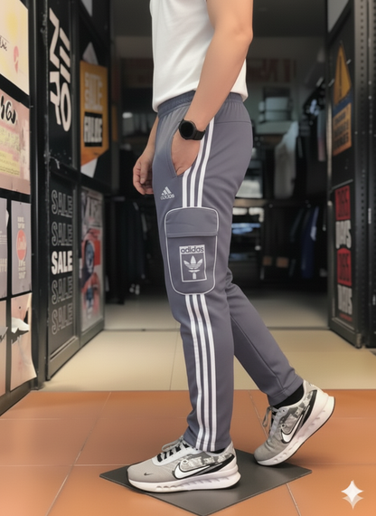 Premium Gray Three Tapes Men's 4 way Stretch-able Lycra Oval Pocket Cargo Trousers