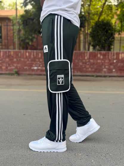 Premium Green Three Tapes Men's 4 way Stretch-able Lycra Oval Pocket Cargo Trousers