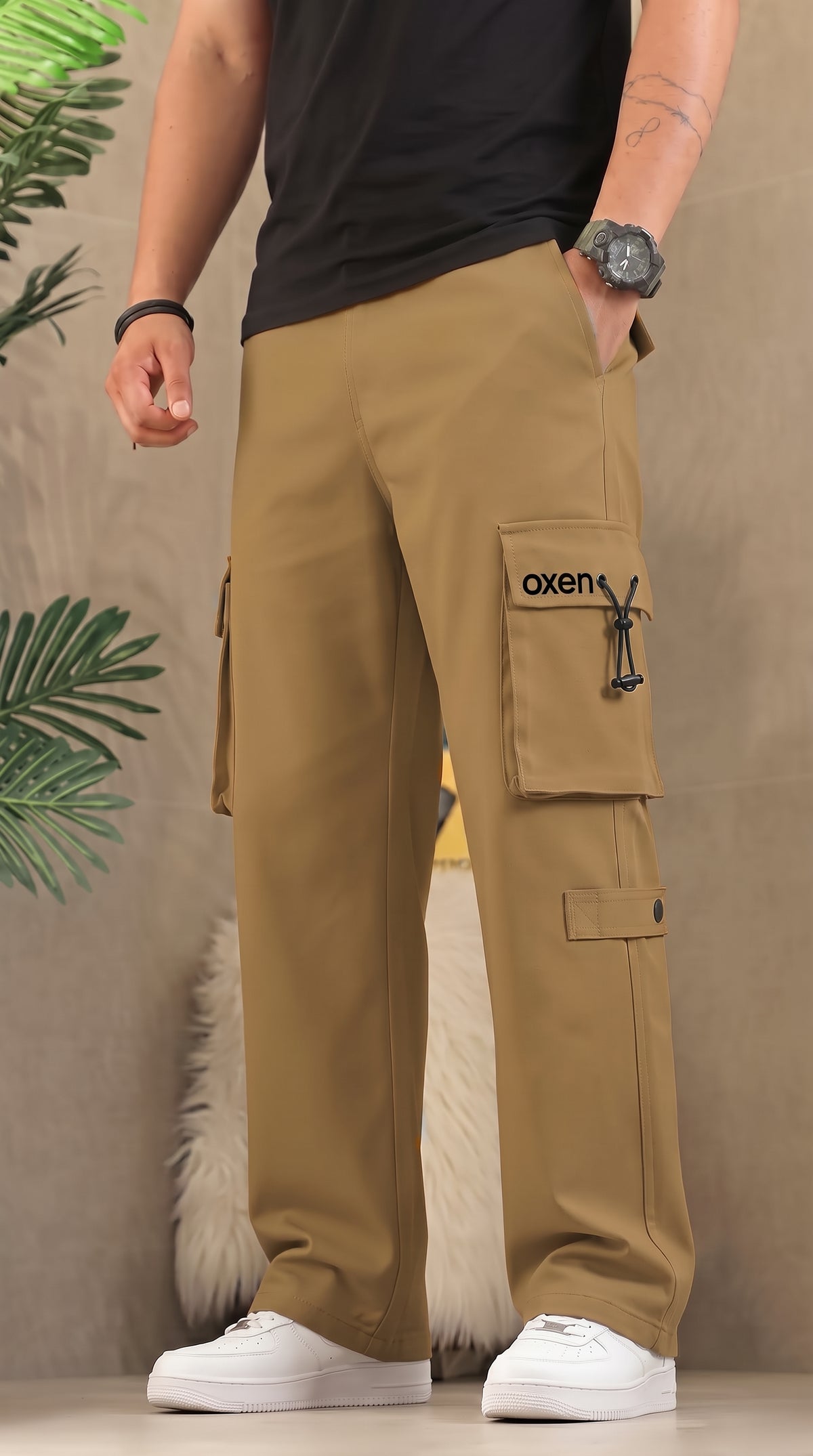 Alll00RR Men's Premium Camel Brown Cargo Trouser