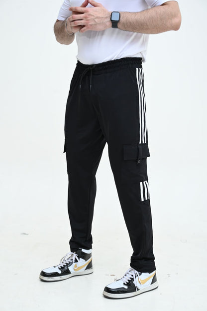 Three Tapes Men's 4 way Stretch-able Lycra Cargo Trousers  Black-OXT#080