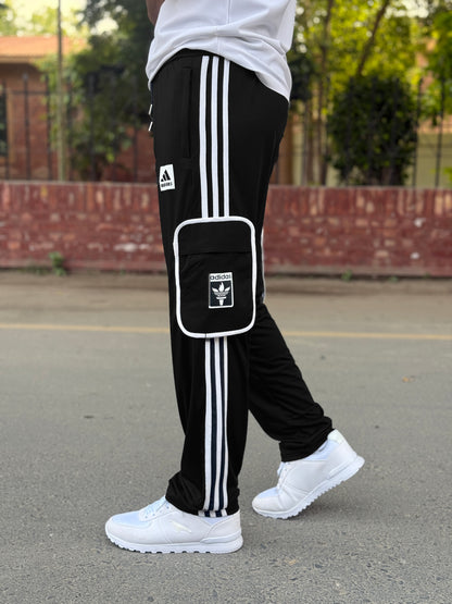 Premium Black Three Tapes Men's 4 way Stretch-able Lycra Oval Pocket Cargo Trousers