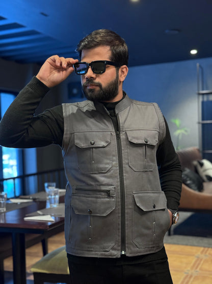 LV Men's  Premium Cotton Jeans Sleeveless Grey Stylish Jacket LV#TJJ02