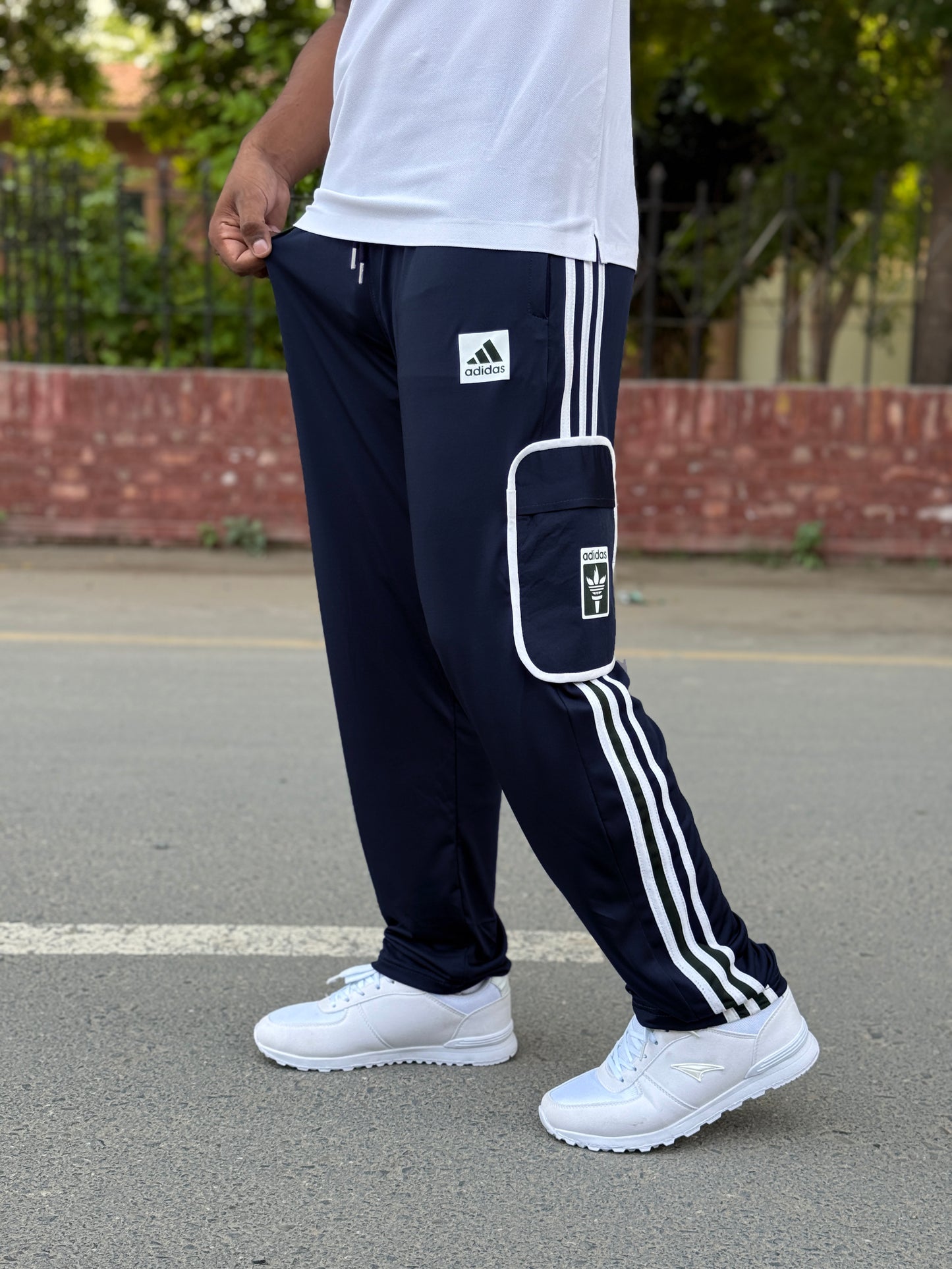 Premium Navy Blue Three Tapes Men's 4 way Stretch-able Lycra Oval Pocket Cargo Trousers