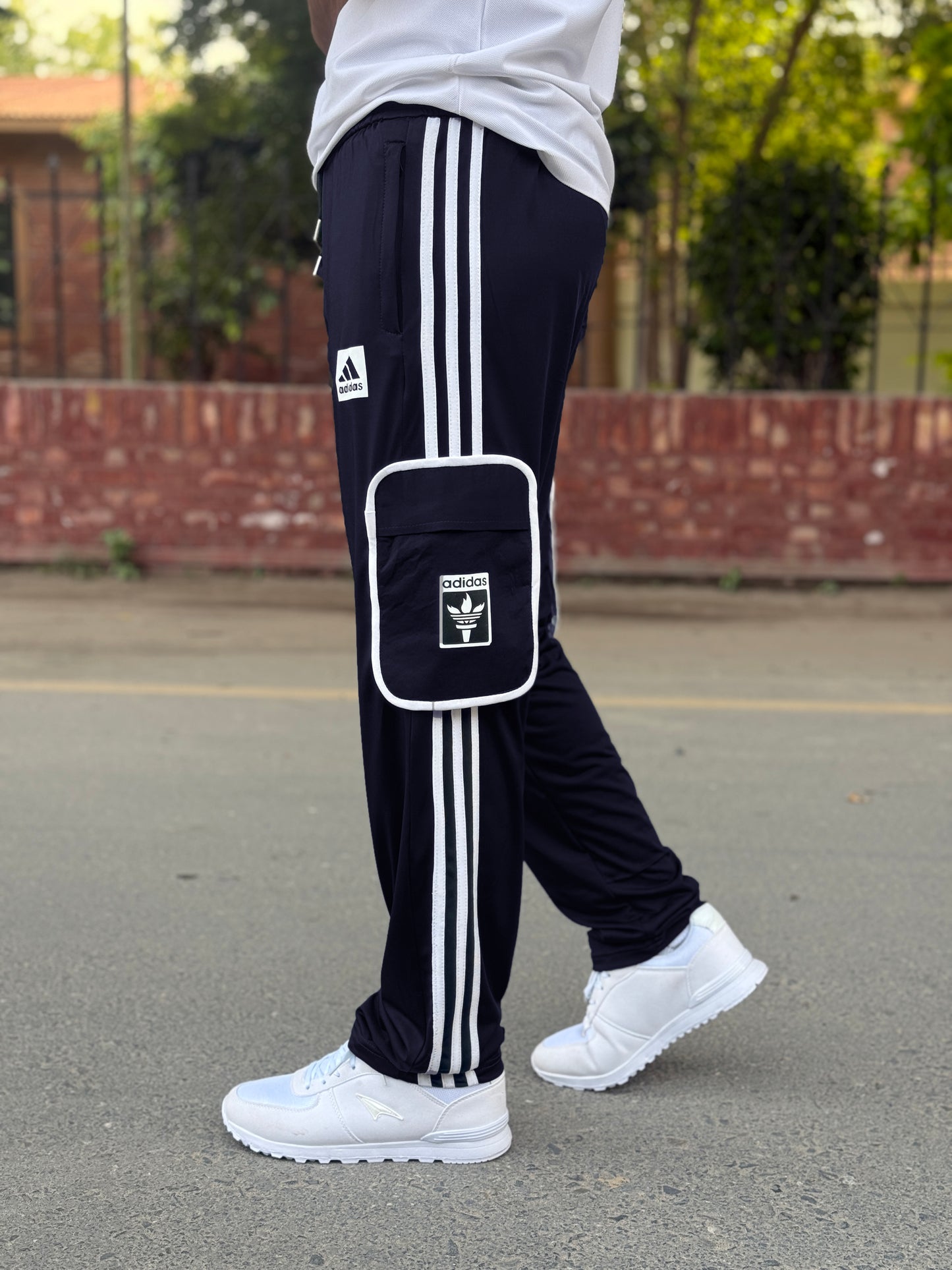 Premium Navy Blue Three Tapes Men's 4 way Stretch-able Lycra Oval Pocket Cargo Trousers