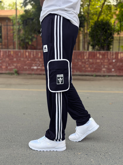 Premium Navy Blue Three Tapes Men's 4 way Stretch-able Lycra Oval Pocket Cargo Trousers