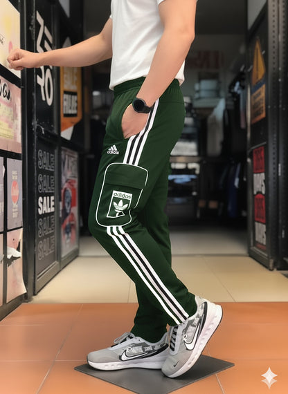 Premium Green Three Tapes Men's 4 way Stretch-able Lycra Oval Pocket Cargo Trousers